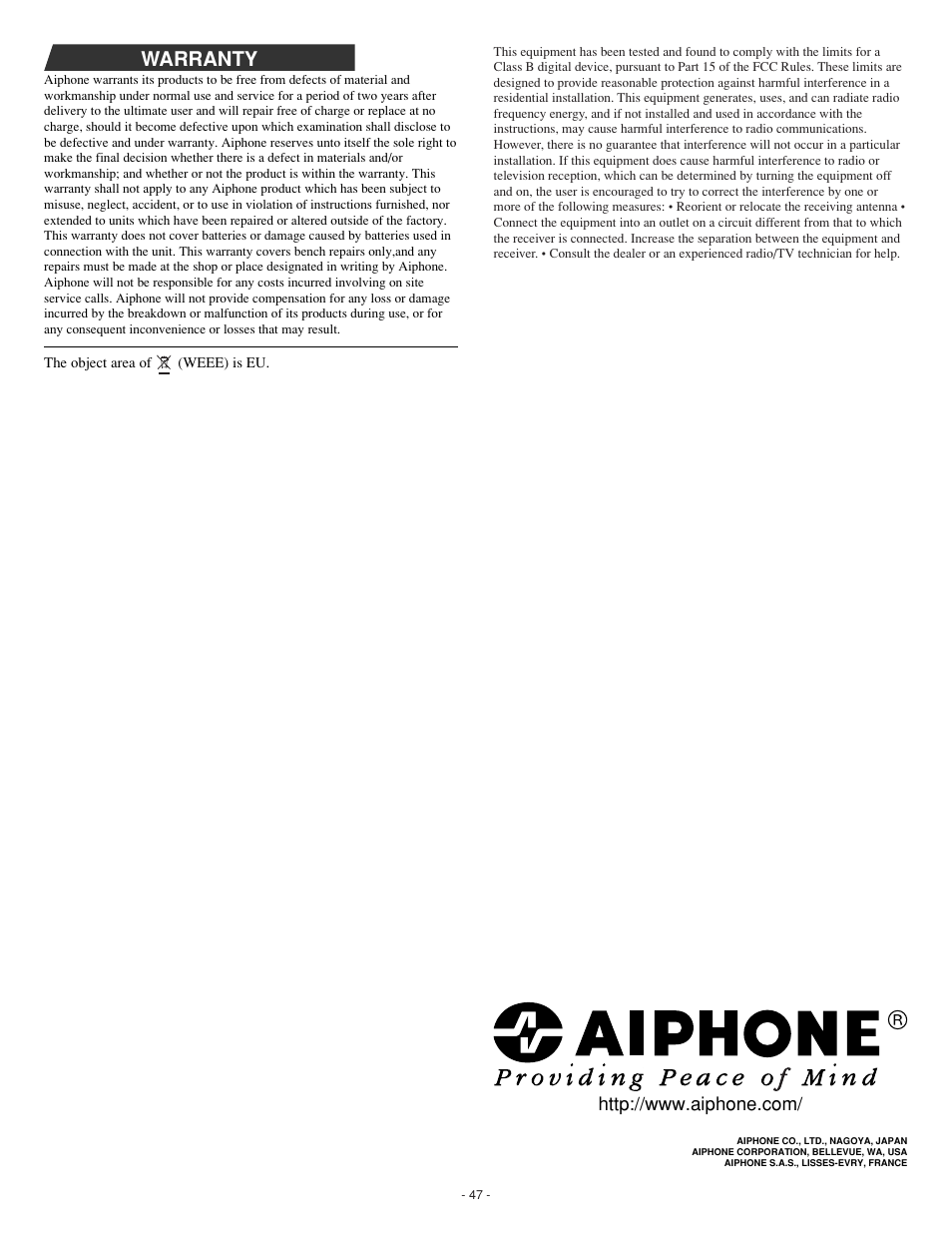 Warranty | Aiphone GH SERIES 0207 AIC User Manual | Page 47 / 47