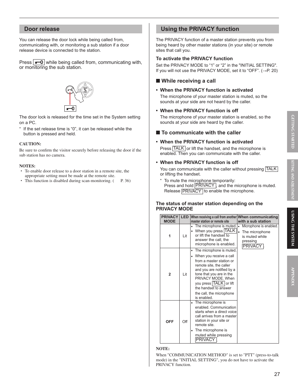 Door release, Using the privacy function | Aiphone IS User Manual | Page 27 / 46
