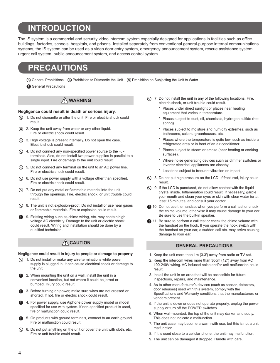 Introduction, Precautions | Aiphone IS User Manual | Page 4 / 46