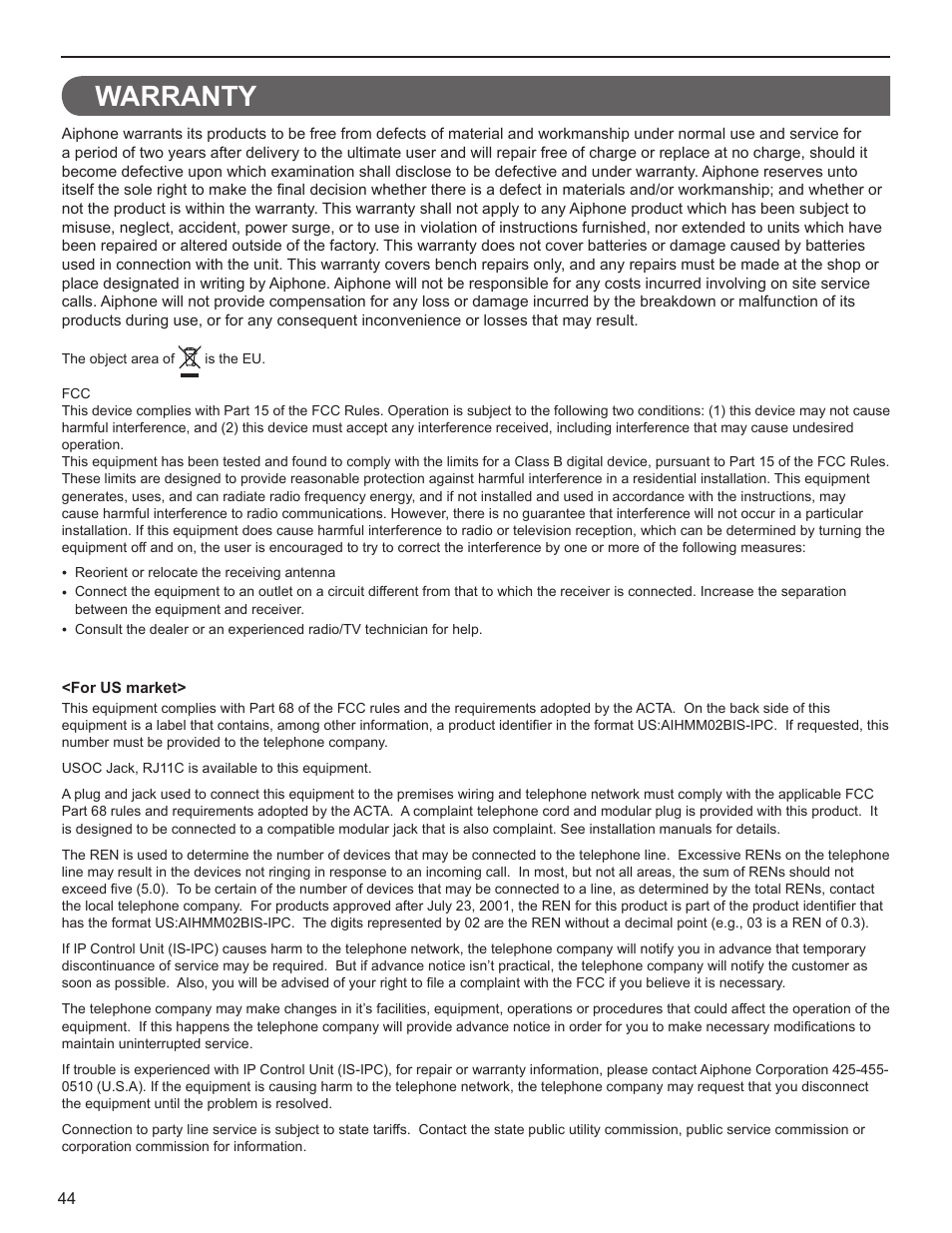 Warranty | Aiphone IS User Manual | Page 44 / 46