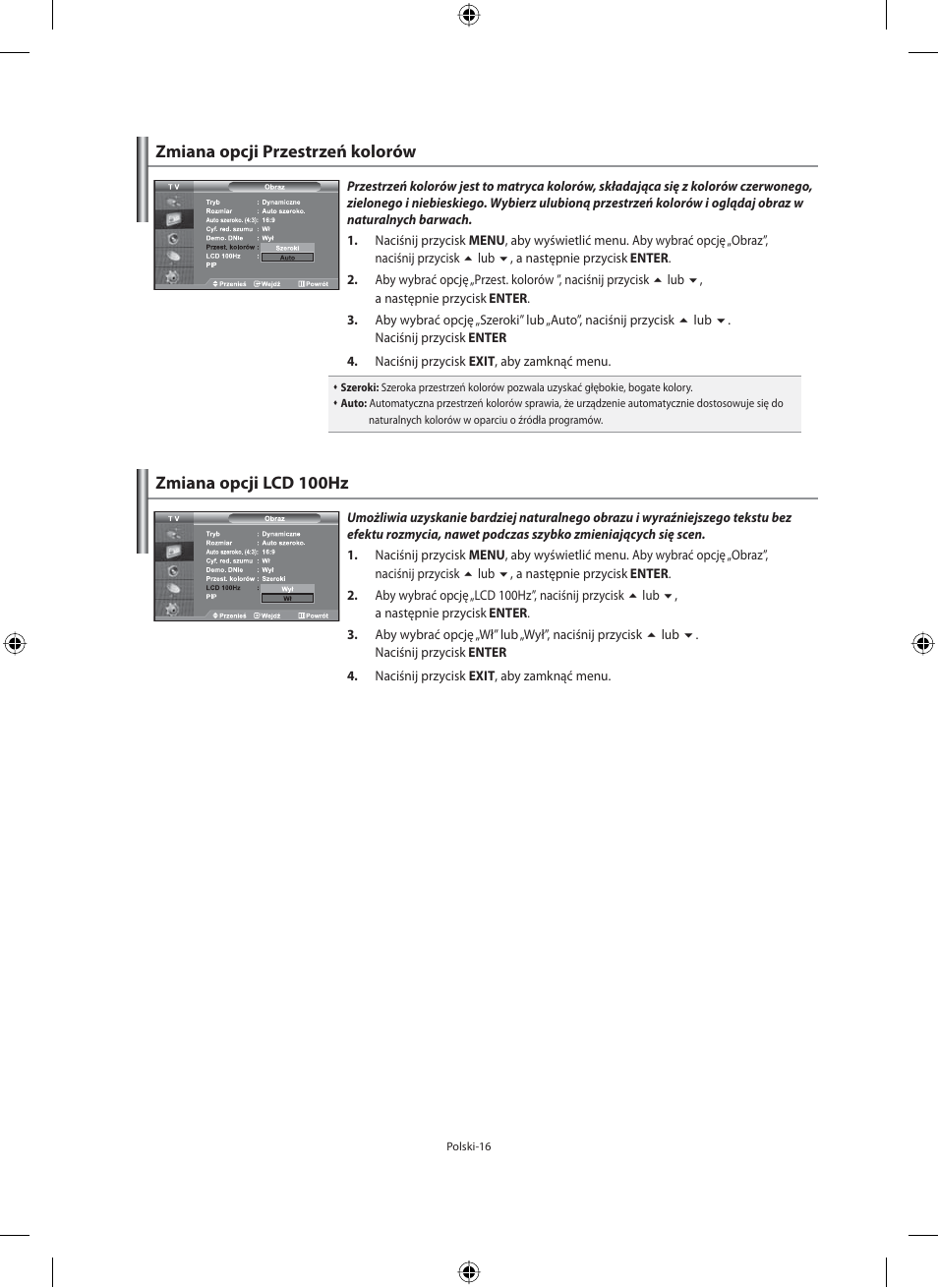 Zmiana opcji przestrzeń kolorów, Zmiana opcji lcd 100hz | Samsung LE32M71B User Manual | Page 108 / 363