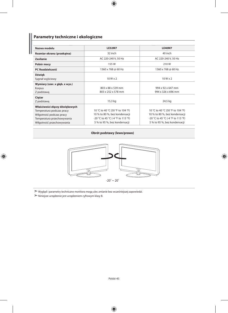 Parametry techniczne i ekologiczne | Samsung LE32M71B User Manual | Page 137 / 363