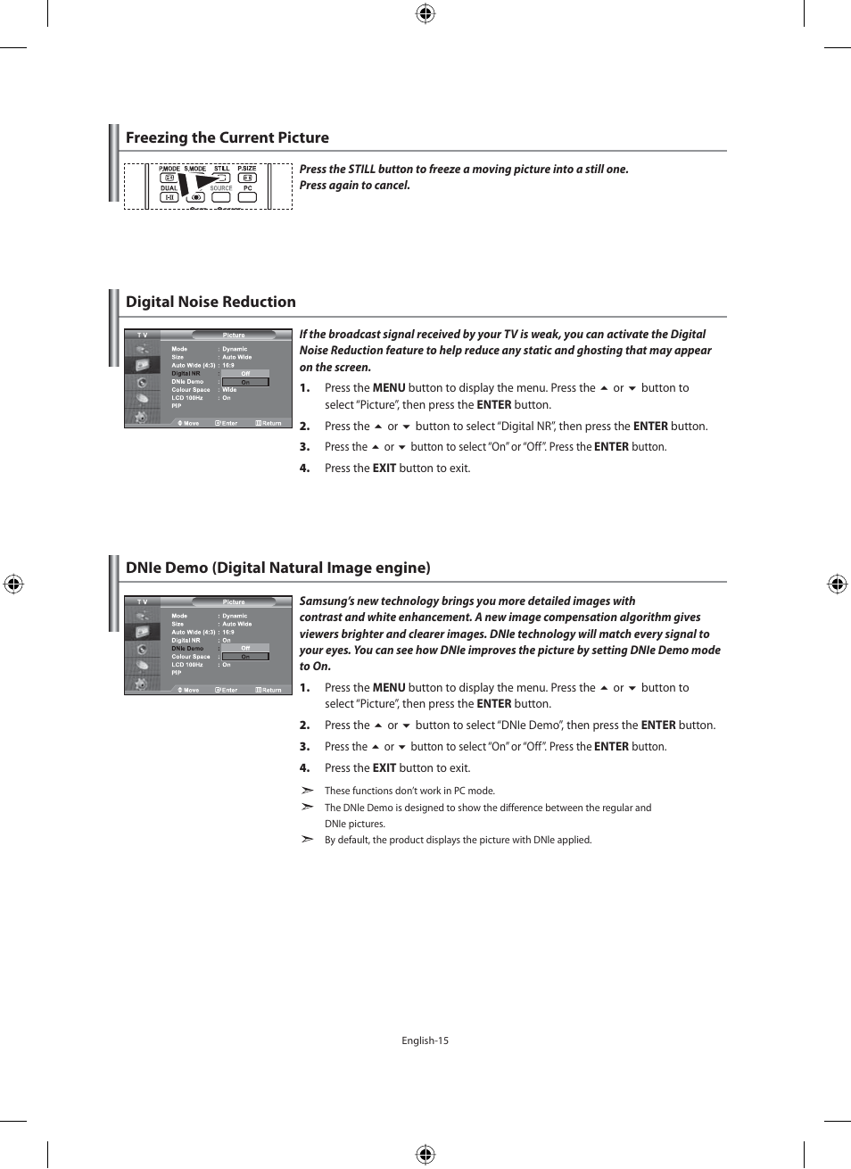 Freezing the current picture, Digital noise reduction, Dnie demo (digital natural image engine) | Samsung LE32M71B User Manual | Page 17 / 363