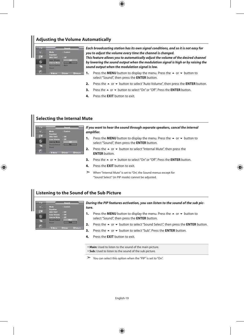 Adjusting the volume automatically, Selecting the internal mute, Listening to the sound of the sub picture | Samsung LE32M71B User Manual | Page 21 / 363