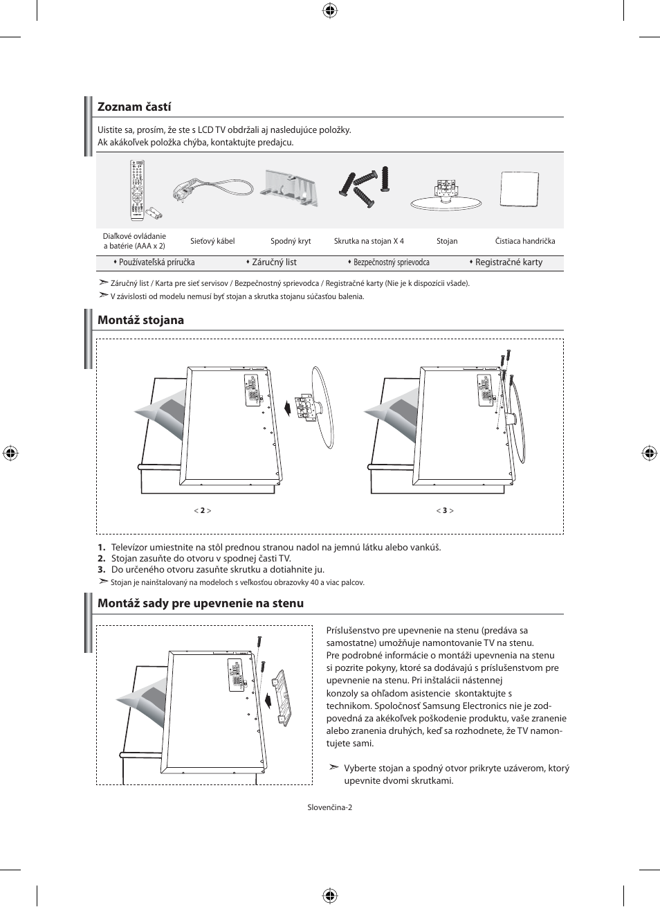 Zoznam častí, Montáž stojana, Montáž sady pre upevnenie na stenu | Samsung LE32M71B User Manual | Page 229 / 363