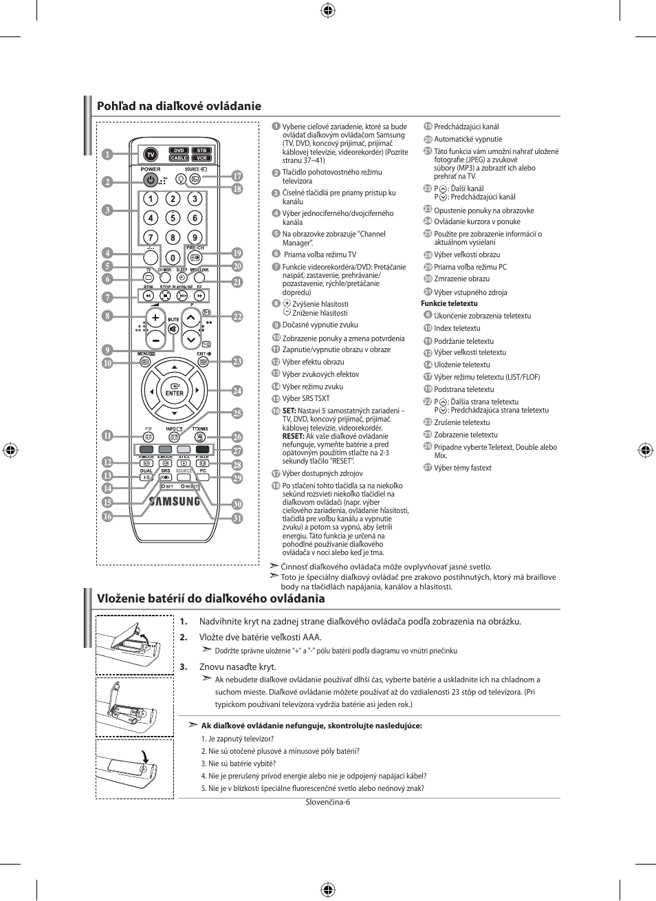 Vloženie batérií do diaľkového ovládania, Pohľad na diaľkové ovládanie | Samsung LE32M71B User Manual | Page 233 / 363