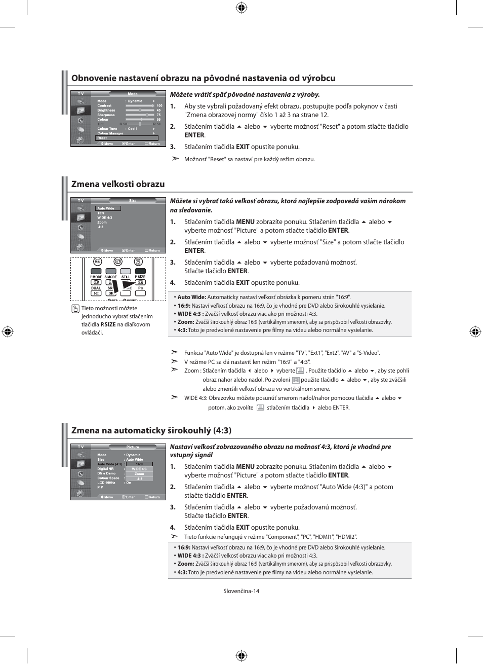 Zmena veľkosti obrazu, Zmena na automaticky širokouhlý (4:3) | Samsung LE32M71B User Manual | Page 241 / 363