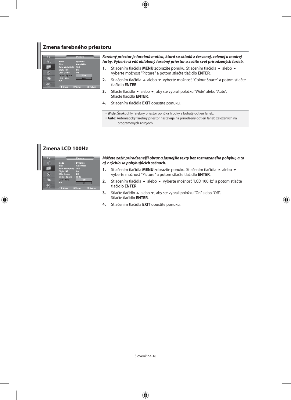 Zmena lcd 100hz, Zmena farebného priestoru | Samsung LE32M71B User Manual | Page 243 / 363