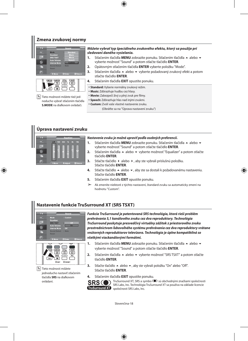 Zmena zvukovej normy, Úprava nastavení zvuku, Nastavenie funkcie trusurround xt (srs tsxt) | Samsung LE32M71B User Manual | Page 245 / 363