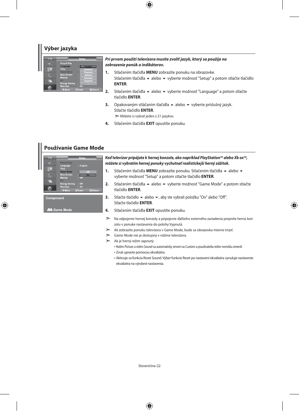 Výber jazyka, Používanie game mode | Samsung LE32M71B User Manual | Page 249 / 363