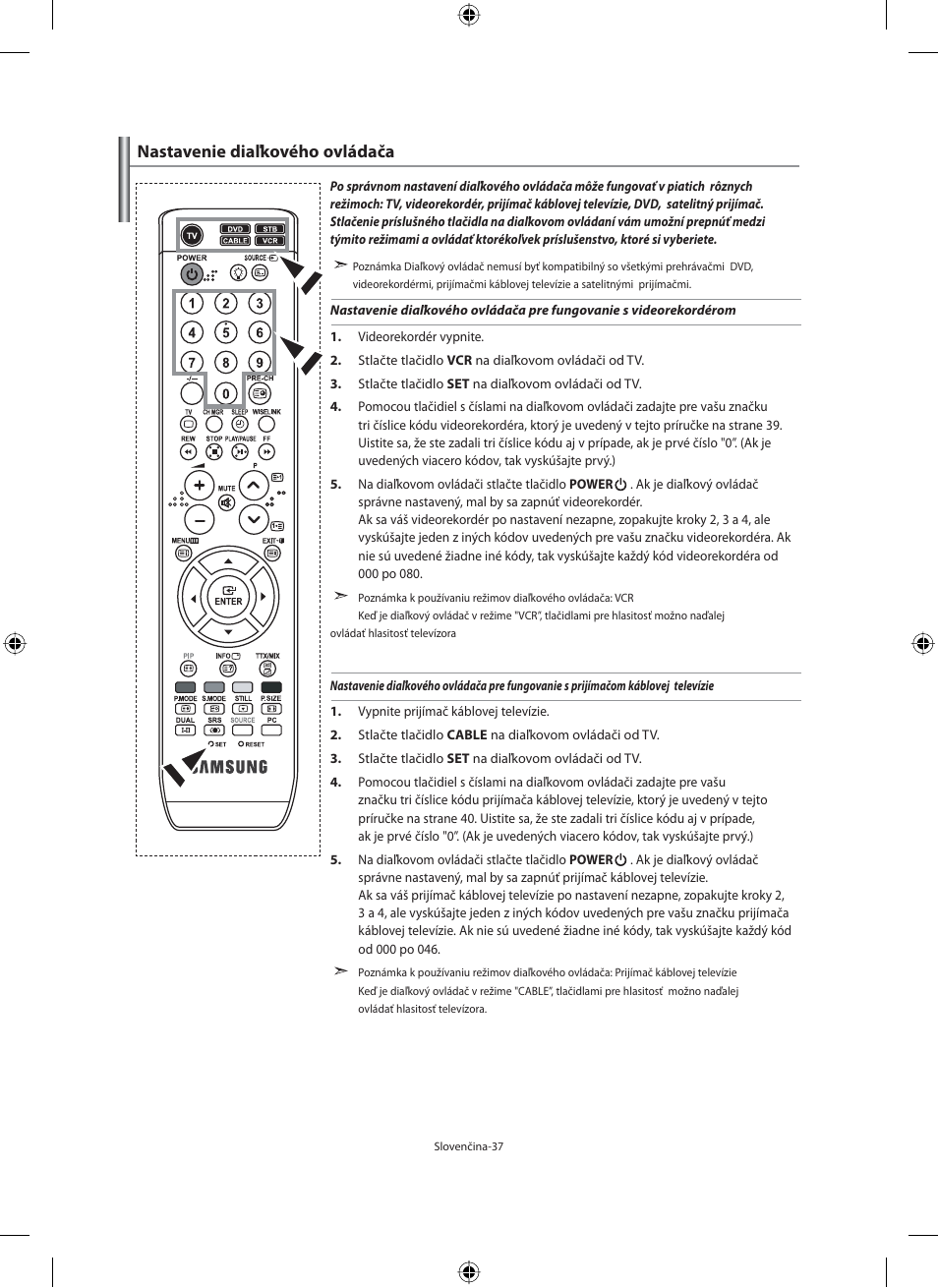 Nastavenie diaľkového ovládača | Samsung LE32M71B User Manual | Page 264 / 363