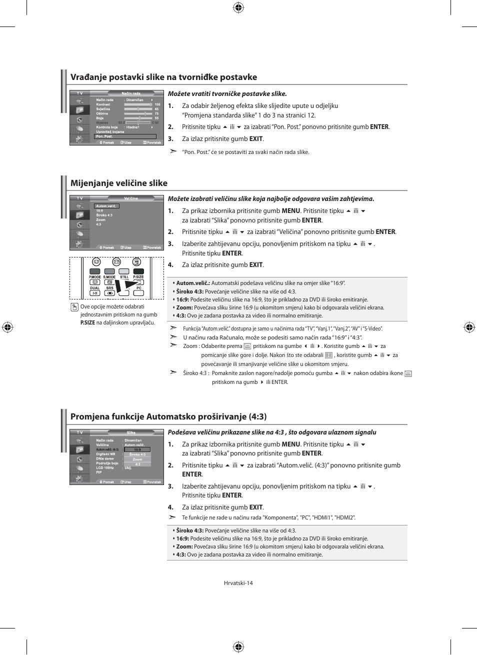 Mijenjanje veličine slike, Vrađanje postavki slike na tvorniđke postavke, Promjena funkcije automatsko proširivanje (4:3) | Samsung LE32M71B User Manual | Page 286 / 363