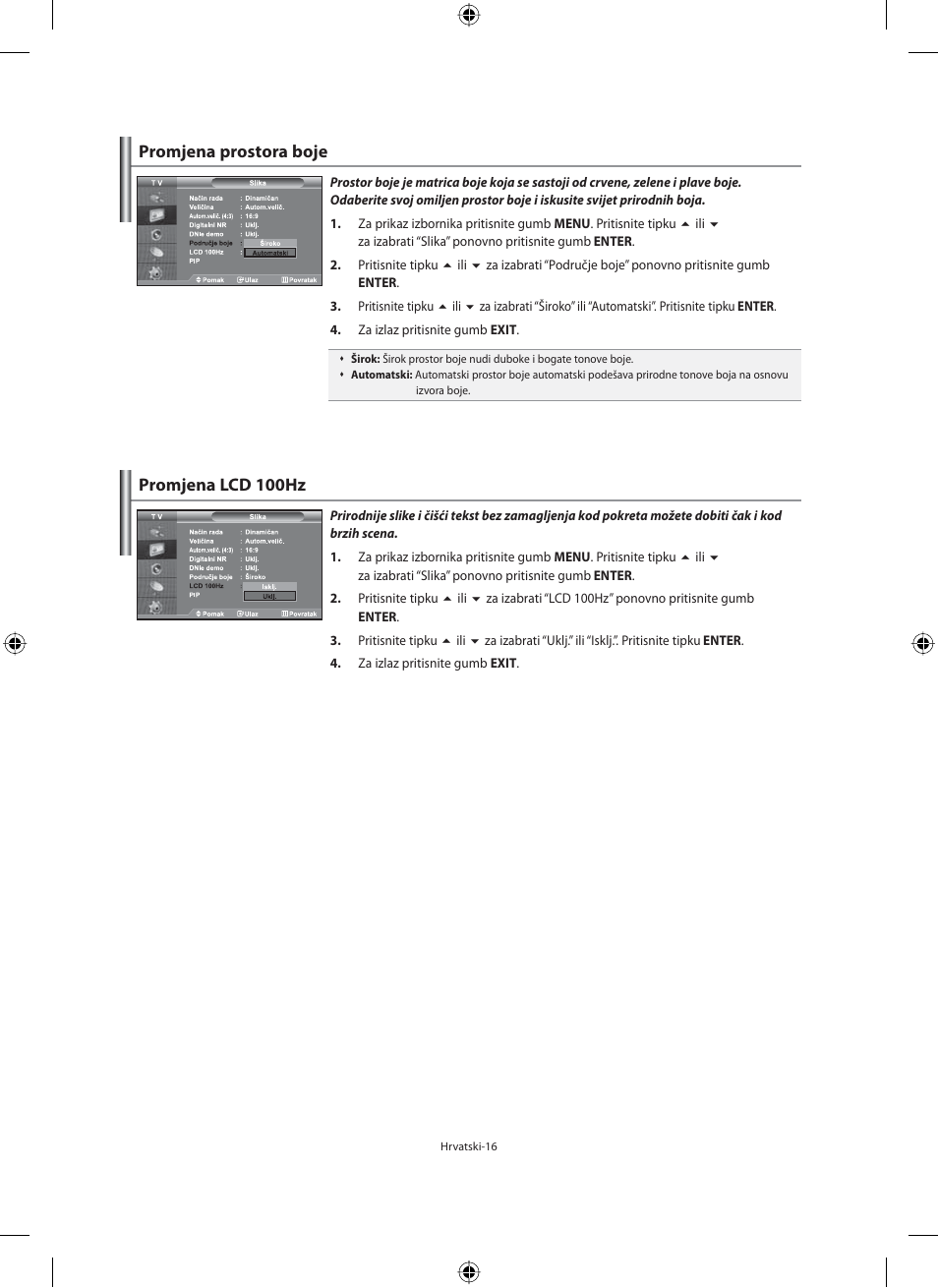 Promjena prostora boje, Promjena lcd 100hz | Samsung LE32M71B User Manual | Page 288 / 363