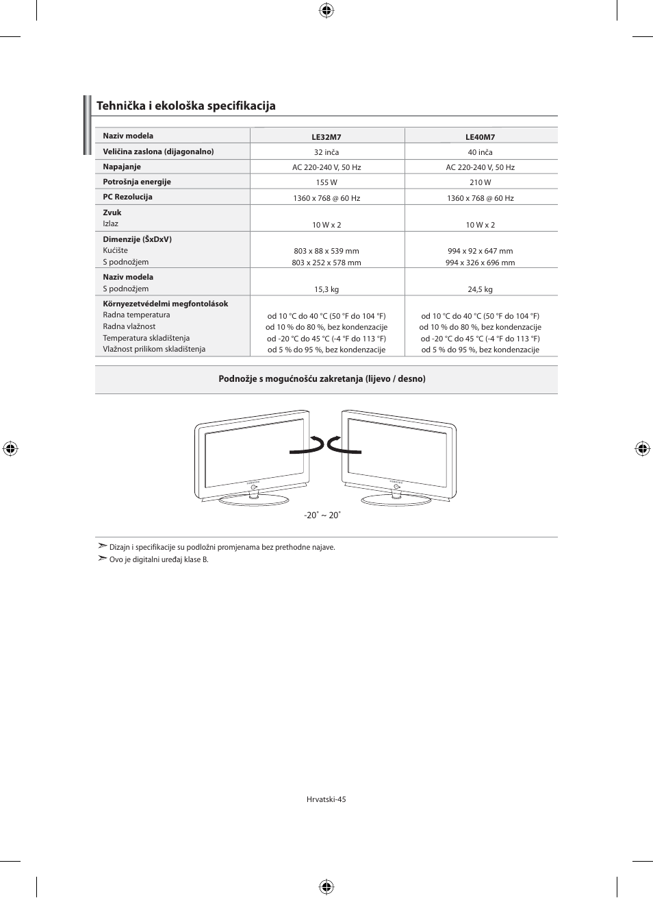 Tehnička i ekološka specifikacija | Samsung LE32M71B User Manual | Page 317 / 363