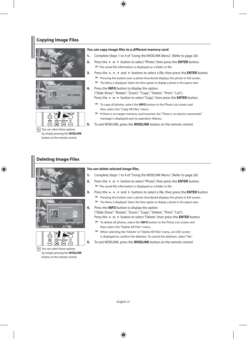 Copying image files, Deleting image files | Samsung LE32M71B User Manual | Page 33 / 363