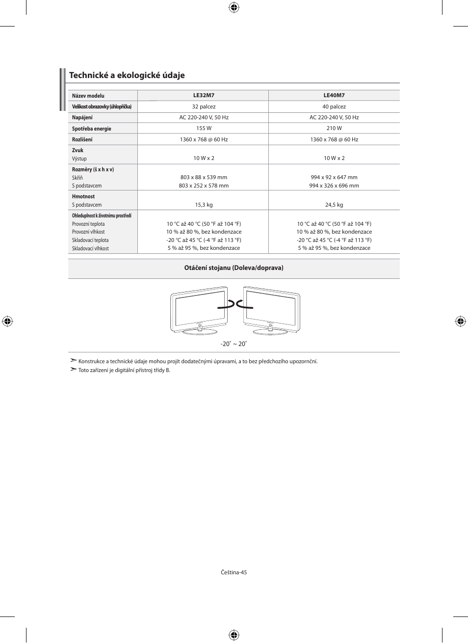 Technické a ekologické údaje | Samsung LE32M71B User Manual | Page 362 / 363