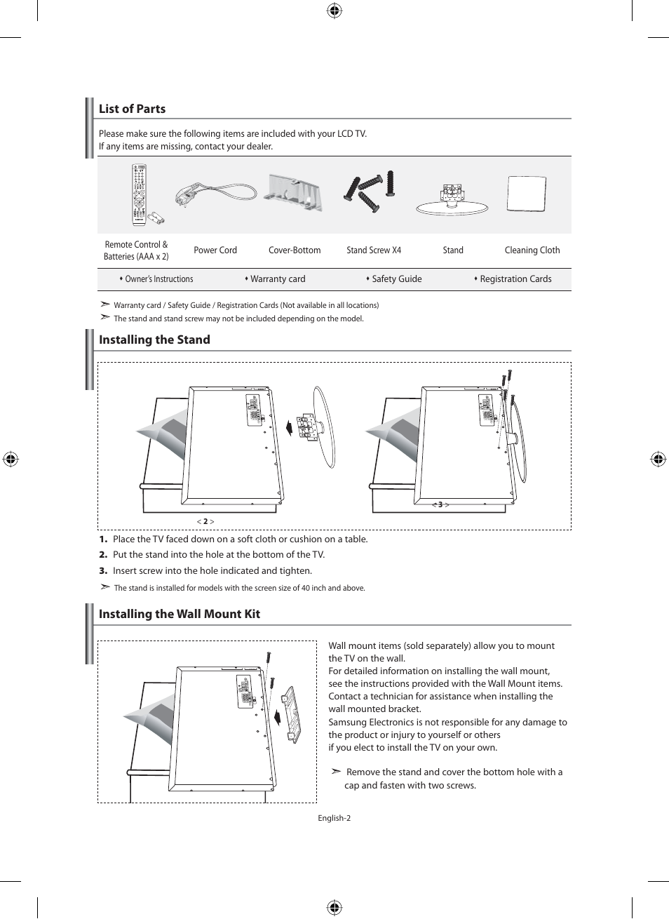 Connecting and preparing your tv, List of parts, Installing the stand | Installing the wall mount kit | Samsung LE32M71B User Manual | Page 4 / 363