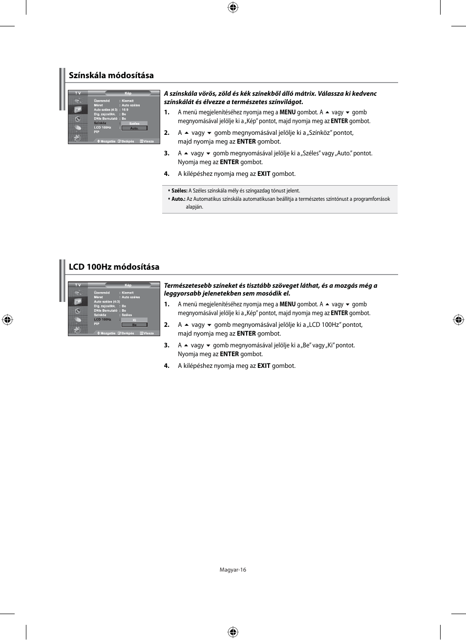 Lcd 100hz módosítása, Színskála módosítása | Samsung LE32M71B User Manual | Page 63 / 363