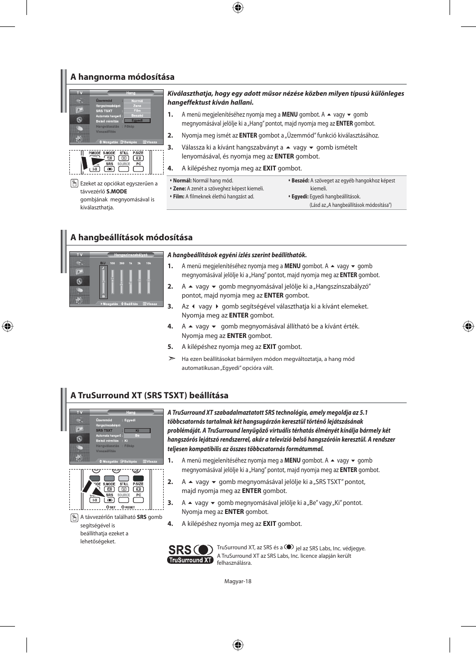 A hangnorma módosítása, A hangbeállítások módosítása, A trusurround xt (srs tsxt) beállítása | Samsung LE32M71B User Manual | Page 65 / 363