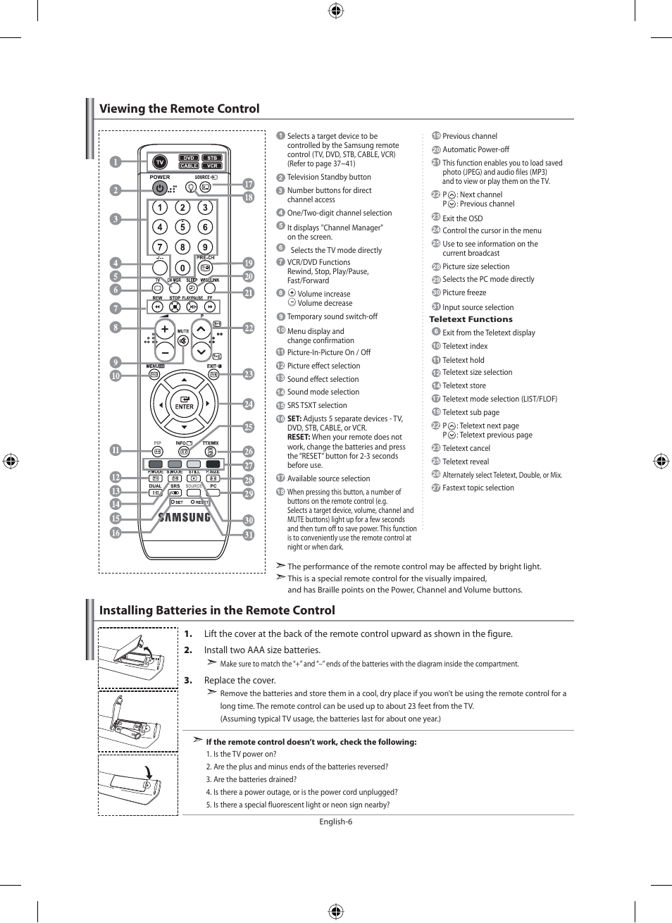 Viewing the remote control, Installing batteries in the remote control | Samsung LE32M71B User Manual | Page 8 / 363