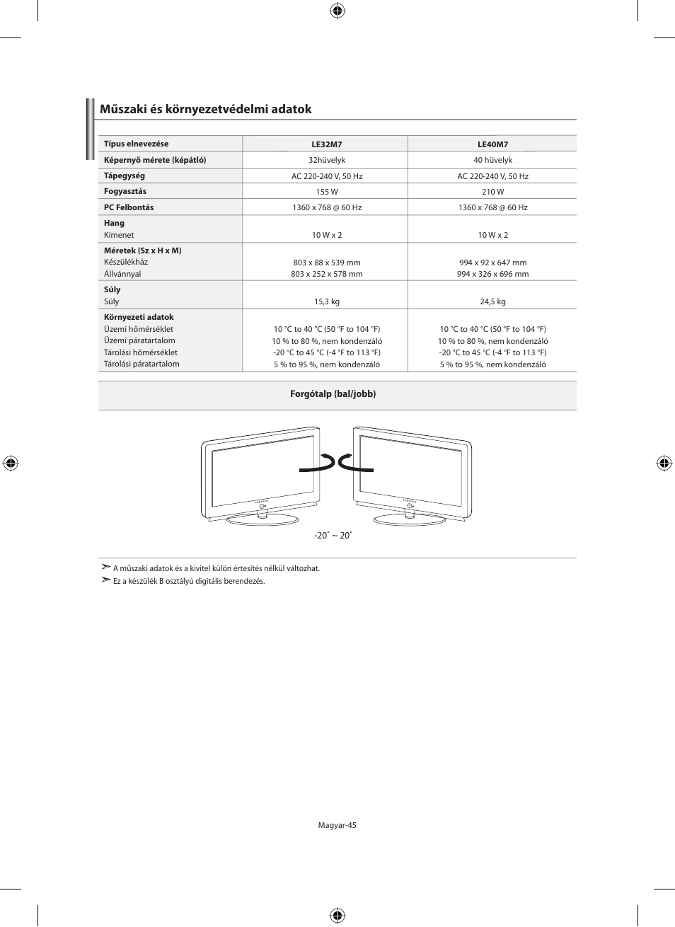Műszaki és környezetvédelmi adatok | Samsung LE32M71B User Manual | Page 92 / 363