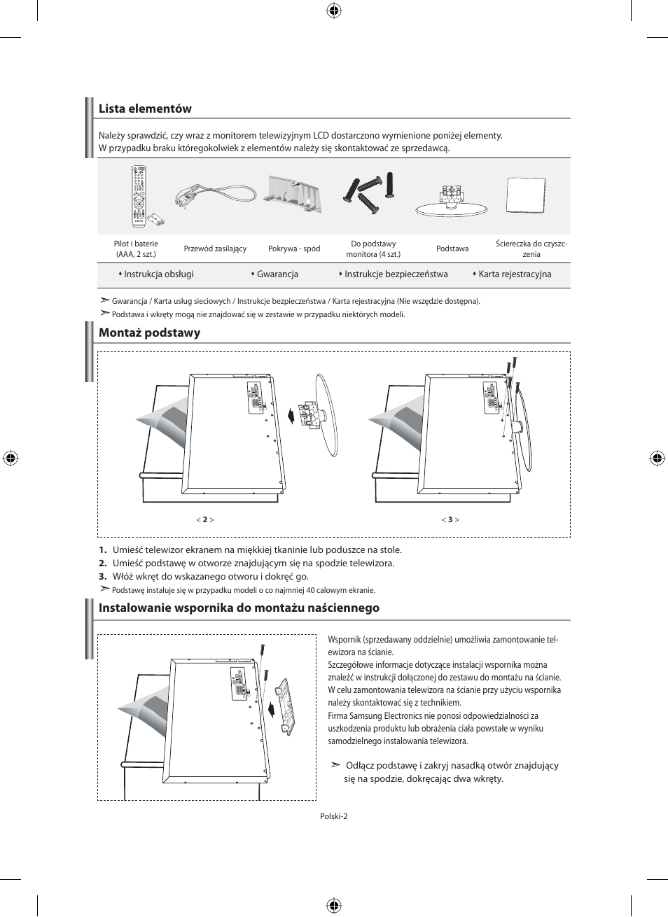 Lista elementów montaż podstawy, Instalowanie wspornika do montażu naściennego | Samsung LE32M71B User Manual | Page 94 / 363