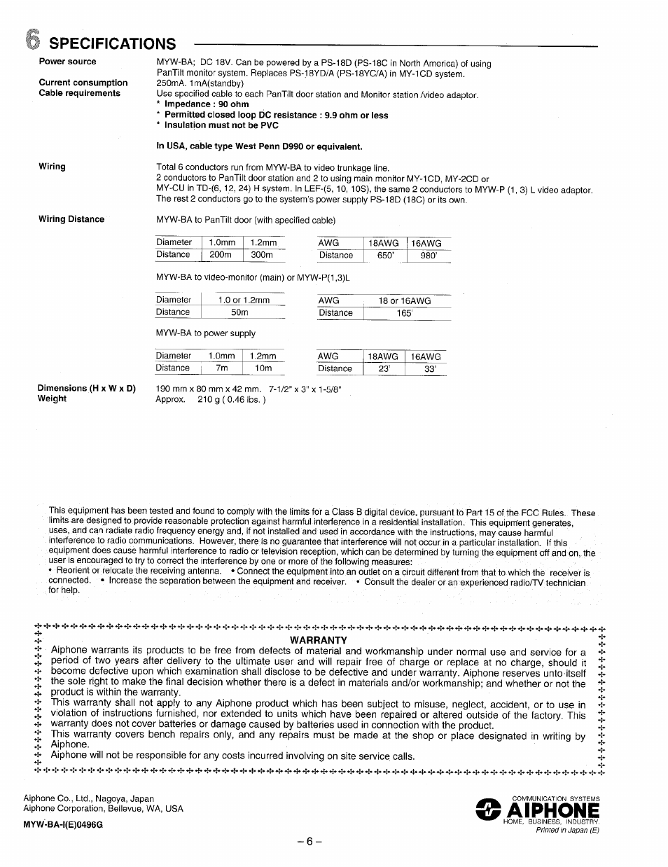 Specifications, Aiphone | Aiphone MYW-BA User Manual | Page 6 / 6