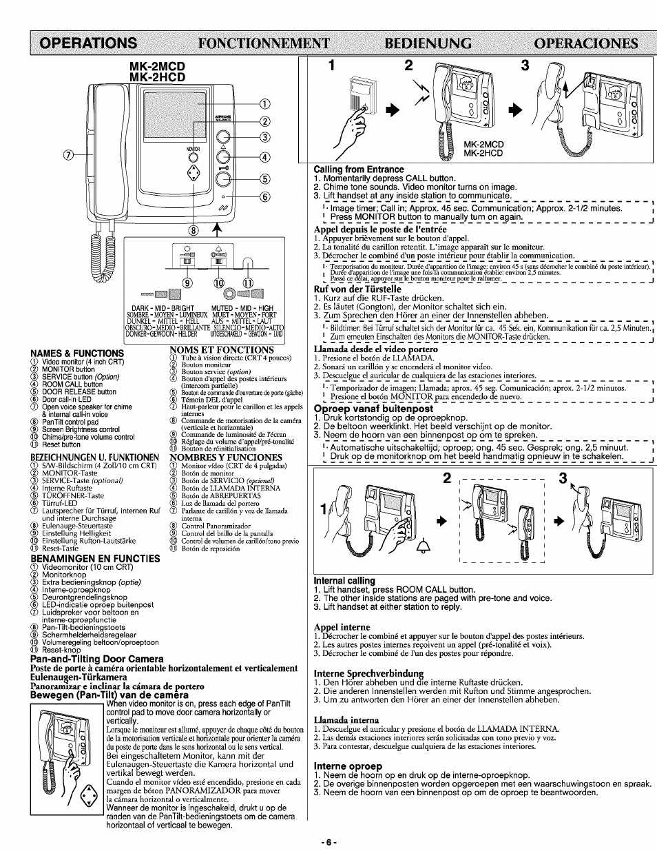 Fonctionnemknï, Operaciones, Operations | Bedienung, Mk-2mcd mk-2hcd, Noms et fonctions, Nombres y funciones, Panoramizar e inclinar la cámara de portero, Llamada desde el video portero, Llamada interna | Aiphone Mk-2mcd User Manual | Page 6 / 10