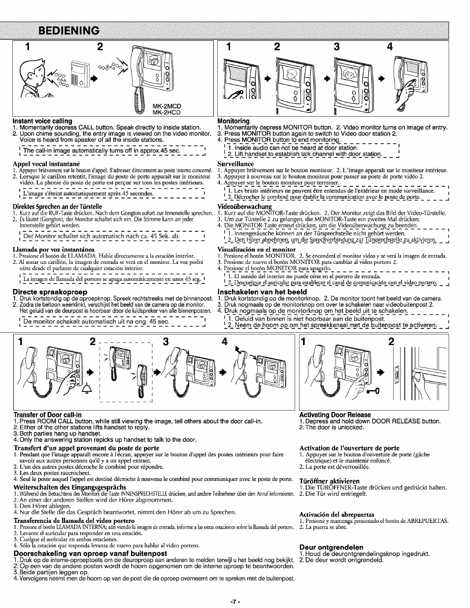 Appel vocal instantané, Surveillance, Transferencia de llamada del video portero | Activation de l'ouverture de porte | Aiphone Mk-2mcd User Manual | Page 7 / 10