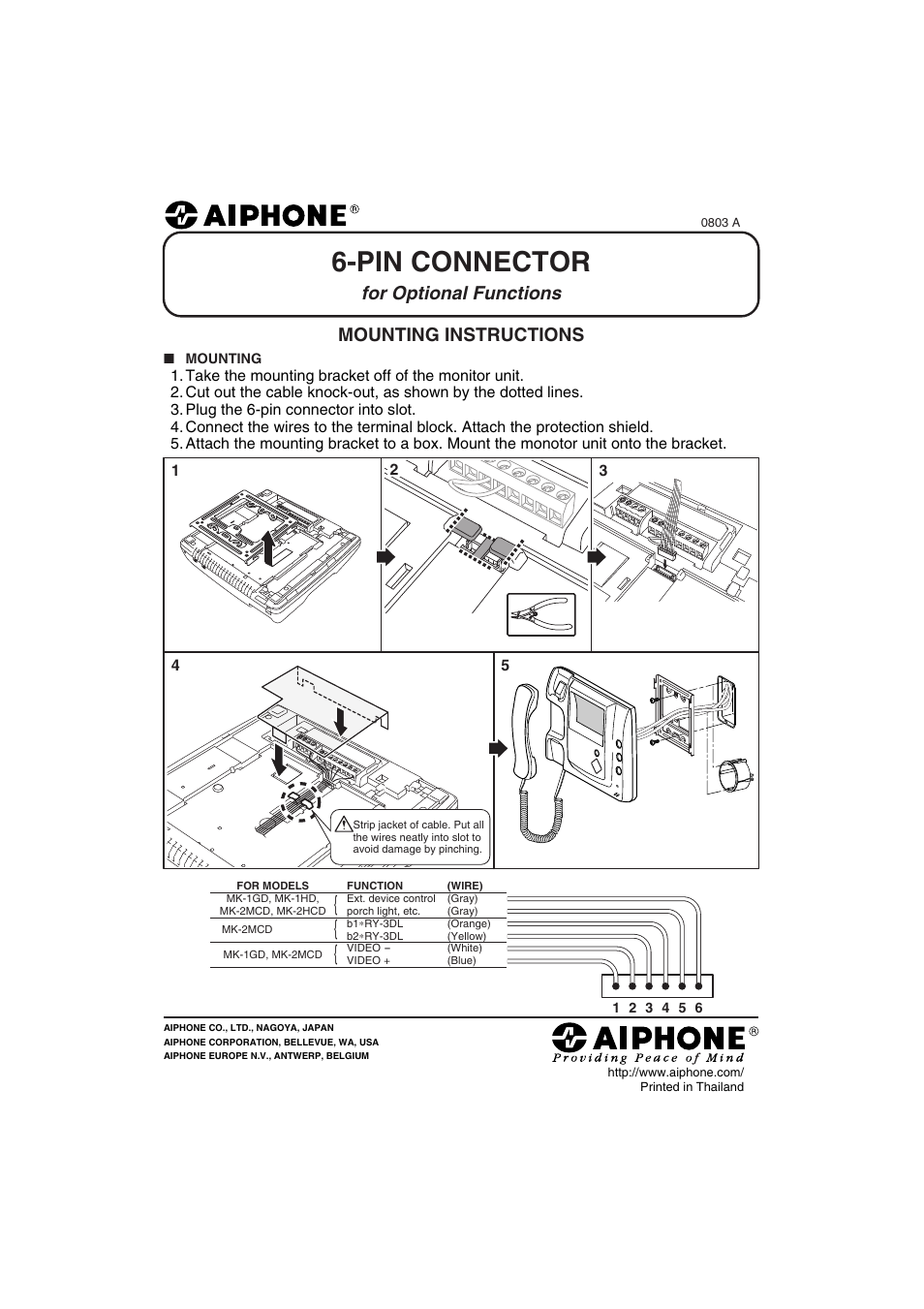 Pin connector, Mounting instructions, Aiphone | For optional functions | Aiphone Mk-2mcd User Manual | Page 9 / 10