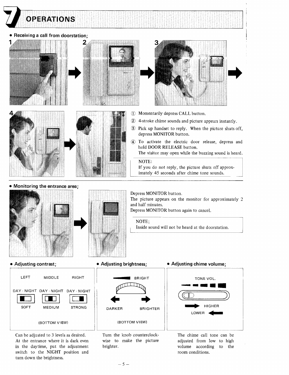 Receiving a call from doorstation, Monitoring the entrance area, Adjusting chime volume | Operations | Aiphone MY-1AD User Manual | Page 5 / 6
