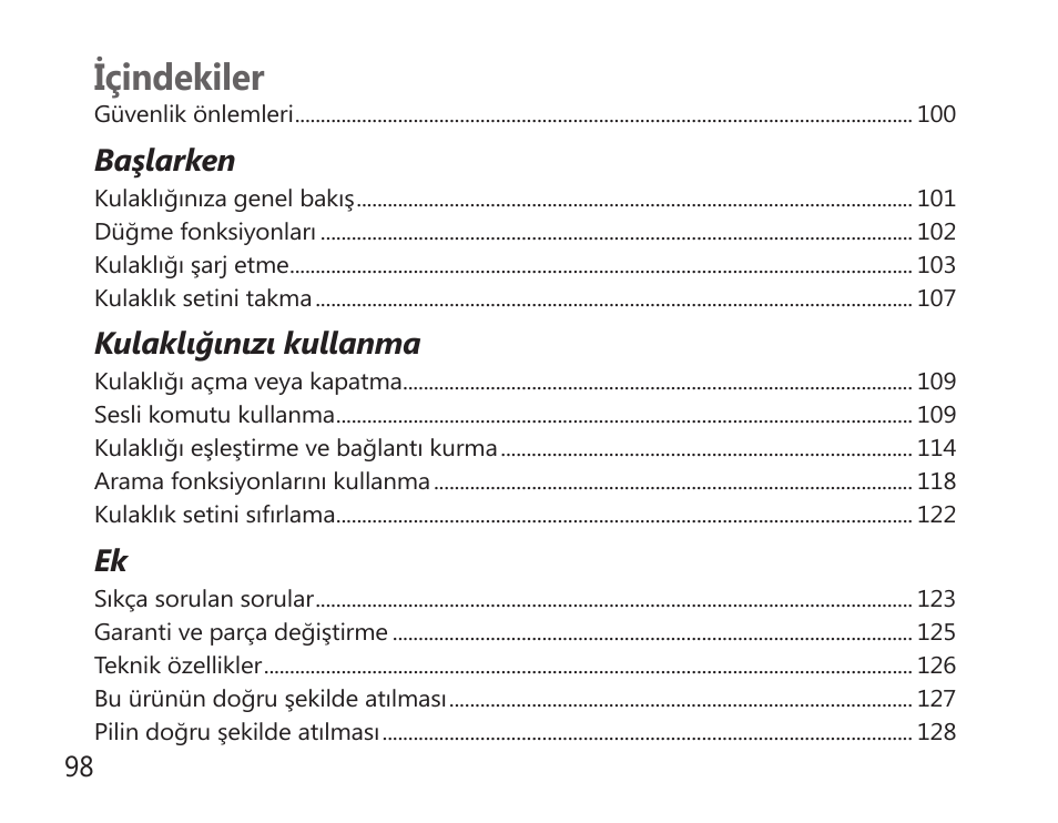 Türkçe, Içindekiler | Samsung HM7000 User Manual | Page 100 / 194