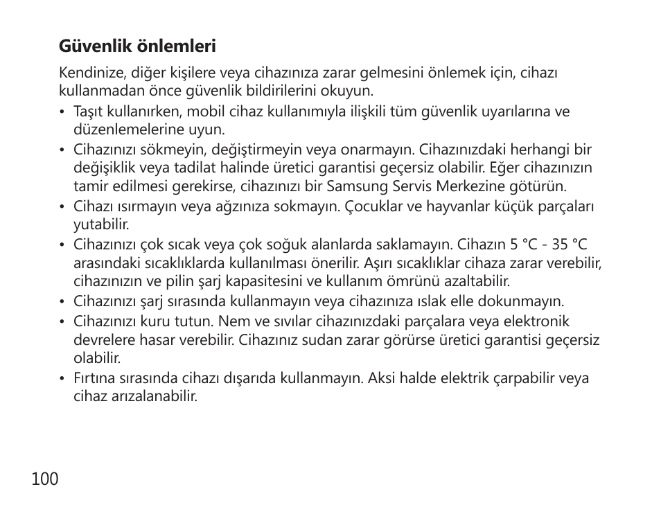 Güvenlik önlemleri | Samsung HM7000 User Manual | Page 102 / 194