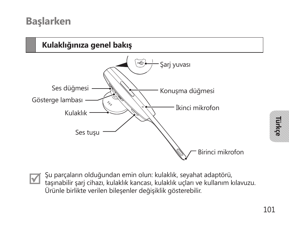Başlarken, Kulaklığınıza genel bakış | Samsung HM7000 User Manual | Page 103 / 194