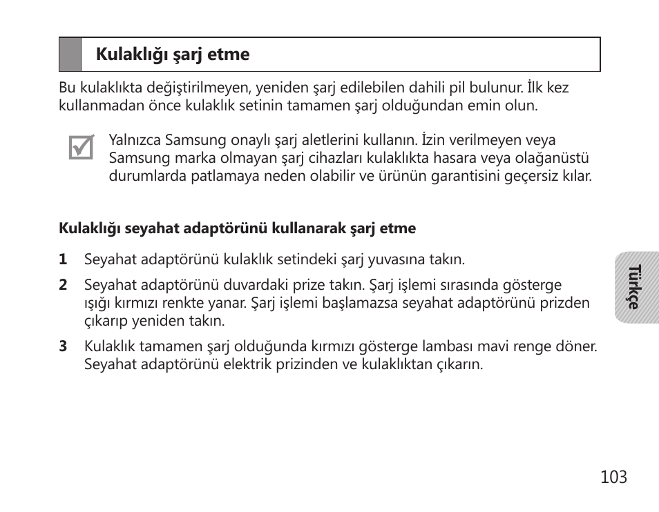 Kulaklığı şarj etme | Samsung HM7000 User Manual | Page 105 / 194