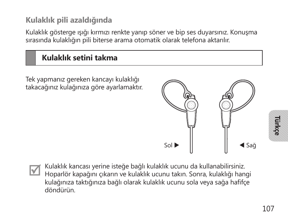 Kulaklık setini takma | Samsung HM7000 User Manual | Page 109 / 194