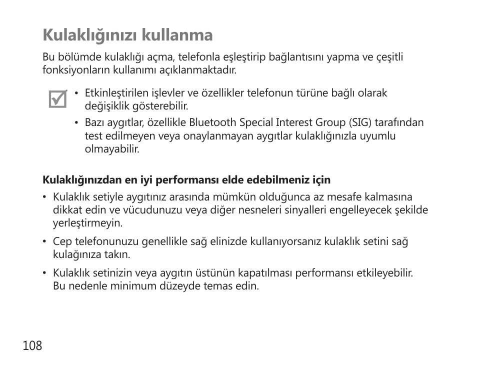 Kulaklığınızı kullanma | Samsung HM7000 User Manual | Page 110 / 194