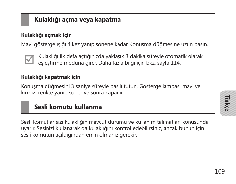 Kulaklığı açma veya kapatma sesli komutu kullanma | Samsung HM7000 User Manual | Page 111 / 194