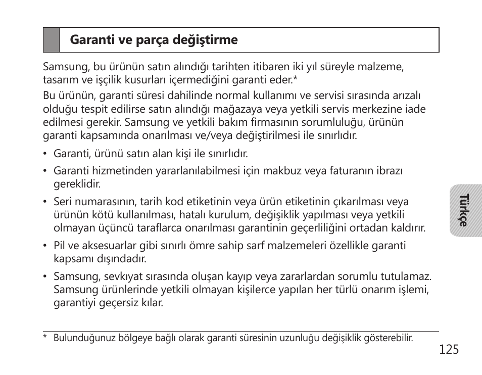 Garanti ve parça değiştirme | Samsung HM7000 User Manual | Page 127 / 194