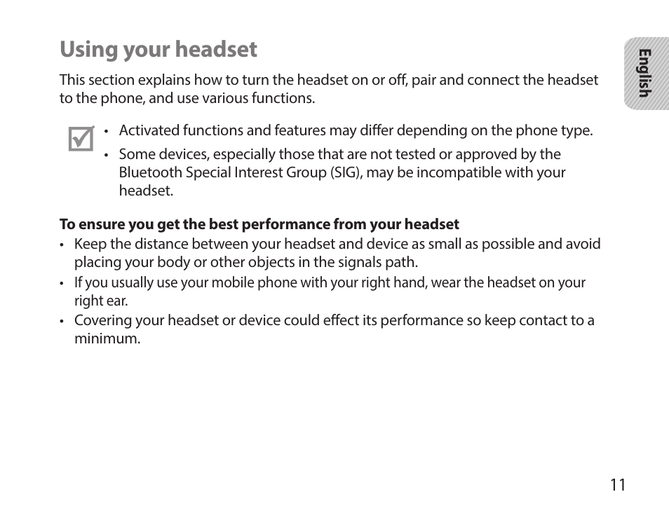 Using your headset | Samsung HM7000 User Manual | Page 13 / 194