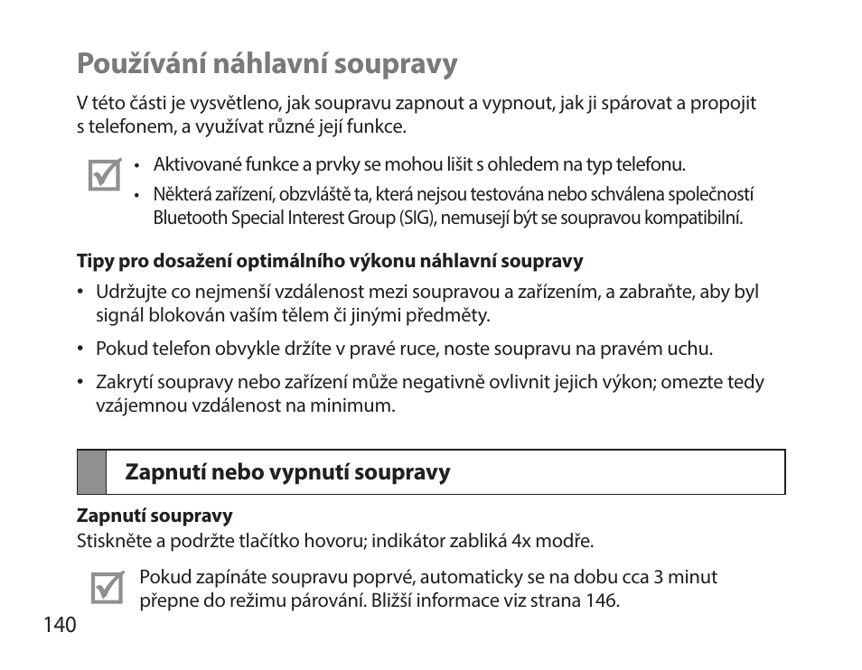 Používání náhlavní soupravy, Zapnutí nebo vypnutí soupravy | Samsung HM7000 User Manual | Page 142 / 194