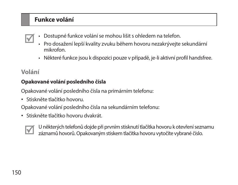 Funkce volání | Samsung HM7000 User Manual | Page 152 / 194