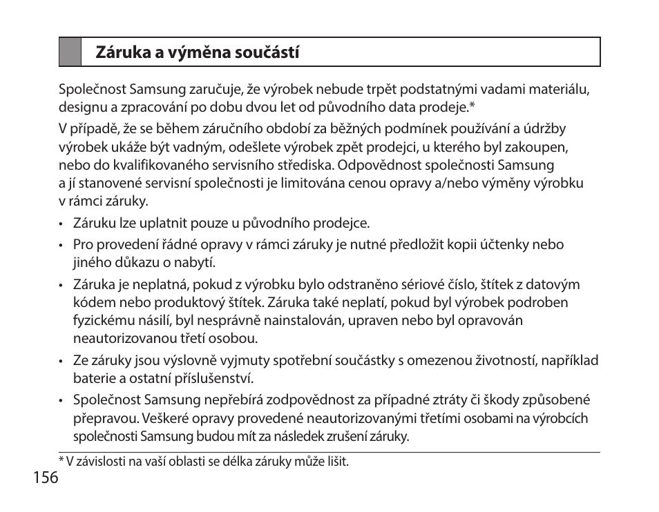Záruka a výměna součástí, 156 záruka a výměna součástí | Samsung HM7000 User Manual | Page 158 / 194