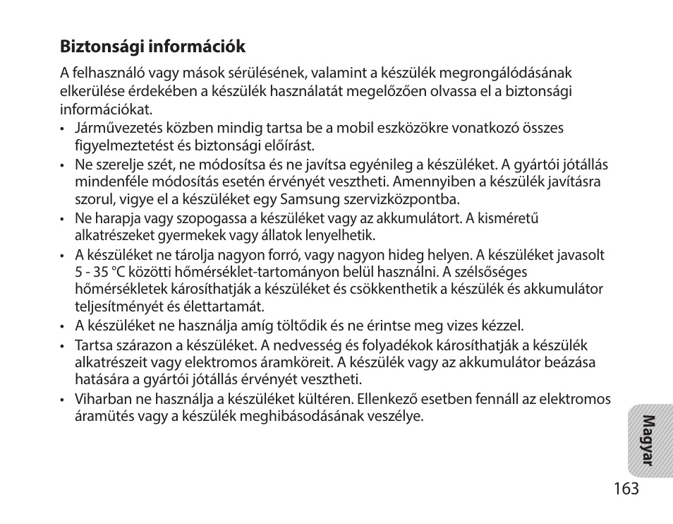 Biztonsági információk | Samsung HM7000 User Manual | Page 165 / 194