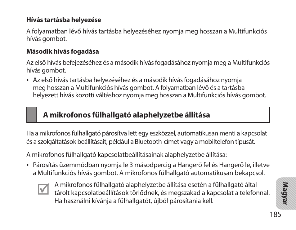 A mikrofonos fülhallgató alaphelyzetbe állítása | Samsung HM7000 User Manual | Page 187 / 194
