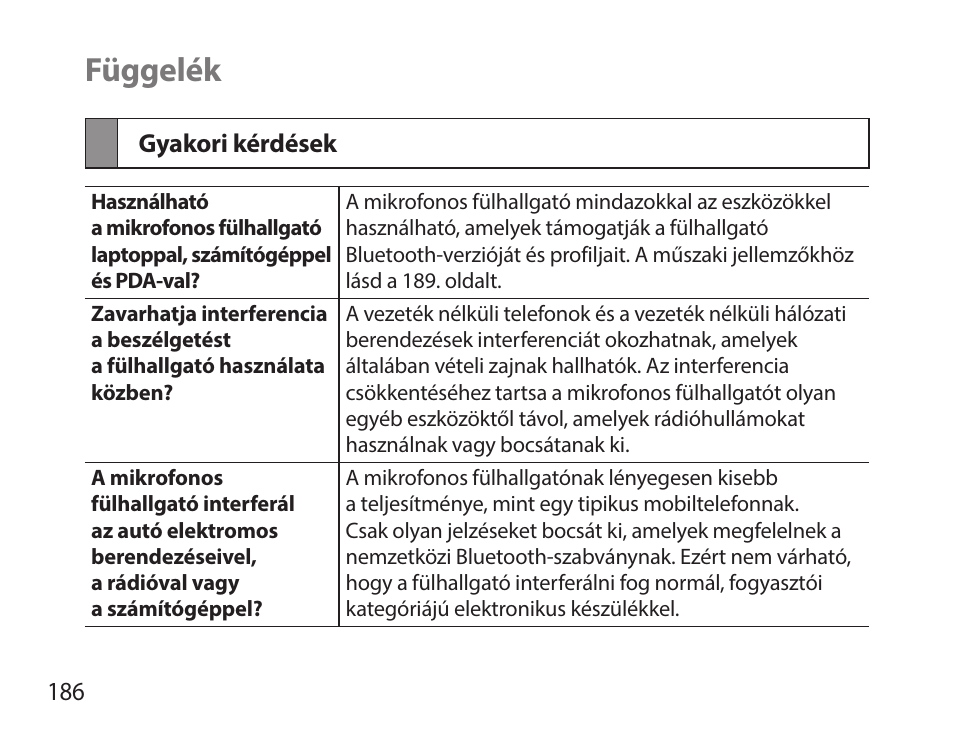 Függelék, Gyakori kérdések | Samsung HM7000 User Manual | Page 188 / 194