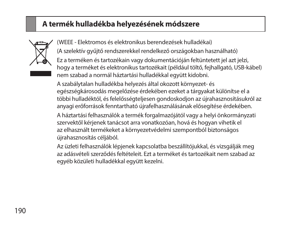 A termék hulladékba helyezésének módszere, 190 a termék hulladékba helyezésének módszere | Samsung HM7000 User Manual | Page 192 / 194