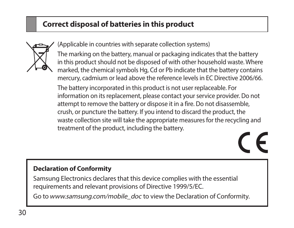 Correct disposal of batteries in this product | Samsung HM7000 User Manual | Page 32 / 194