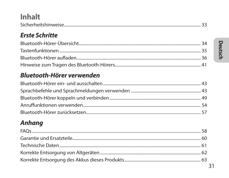 Deutsch, Inhalt | Samsung HM7000 User Manual | Page 33 / 194