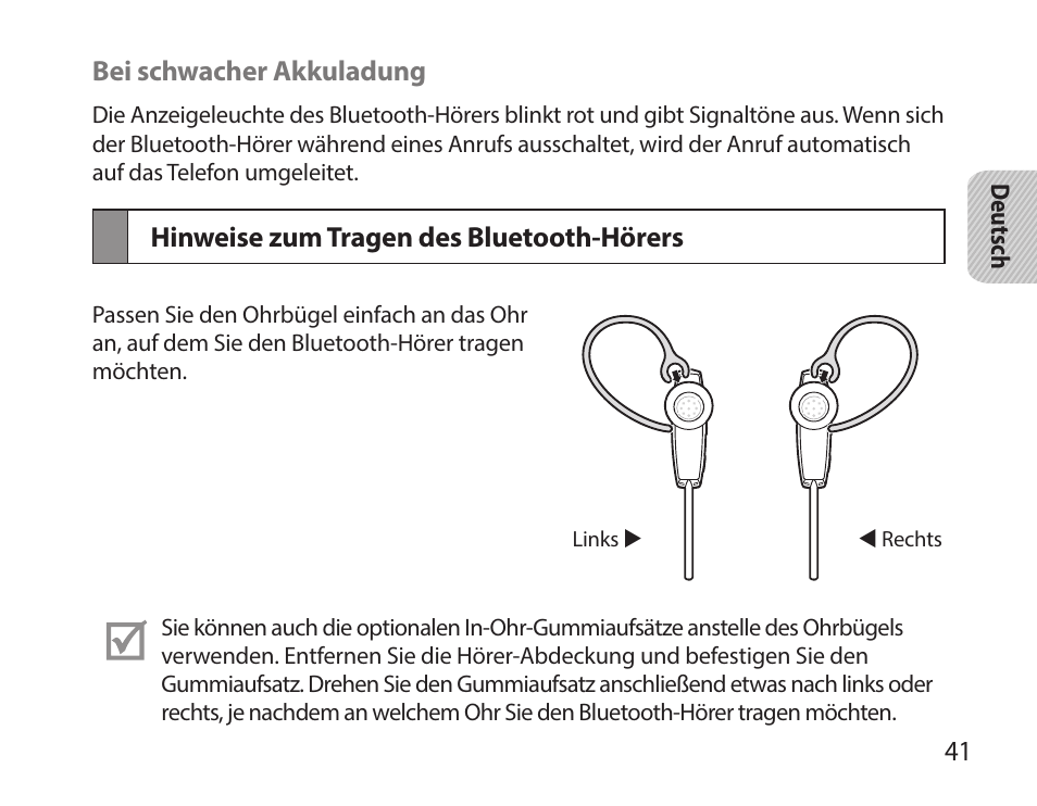 Hinweise zum tragen des bluetooth-hörers | Samsung HM7000 User Manual | Page 43 / 194
